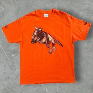 Hanes T‎ Shirt Mens XL Orange Dinosaur Graphic T Shirt Carnosaurus Maya Alias